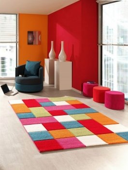Kinderteppich Spielteppich Kinderzimmer Teppich Karo Muster Multicolour Rot Türkis Orange Creme Grün Pink Größe 160x230 cm