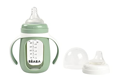 BÉABA, 2-in-1-Trinklernflasche aus Glas, robust, 100 % wasserdicht, abnehmbare Griffe, 210 ml, salbeigrün