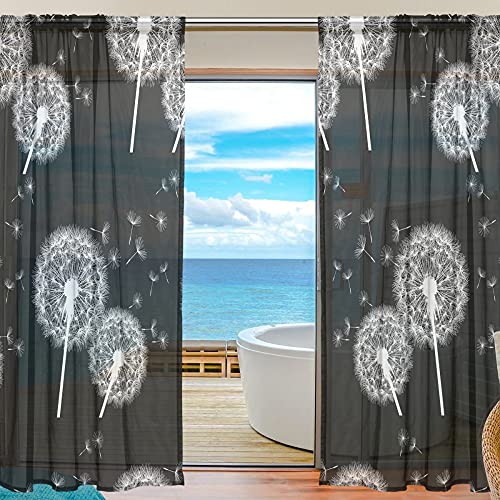 FFY Go Sheer Voile Fenster Vorhang Pusteblume bedrucktes Weiches Material für Schlafzimmer Wohnzimmer Küche Decor Home Tür Dekoration 2 Felder Schwarz 198,1 x 139,7 cm