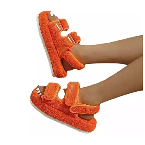 Women's Fluffy Slippers with Velcro, Warm Cotton Fluffy Sandals, Thick Sole Cozy House Slippers, Open Toe Non-Slip Terry Towel Sliders Slippers, Soft Warm Sandels for Indoor O(Size:EU40,Color:Orange)