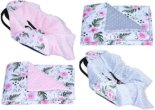 Baby Einschlagdecke MINKY-FLOWERS ROMANTIC- mit Kapuze 90x90 cm Babyschale Decke (Mit GRAU)