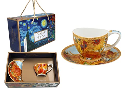 CARMANI - Keramik-Espressotasse und Untertasse mit Vincent Van Gogh, Sonnenblumen, 100 ml