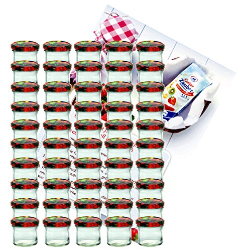 MamboCat 50er Set Sturzglas 125 ml Marmeladenglas Einmachglas Einweckglas to 66 Obst Dekor Deckel incl. Diamant-Zucker Gelierzauber Rezeptheft