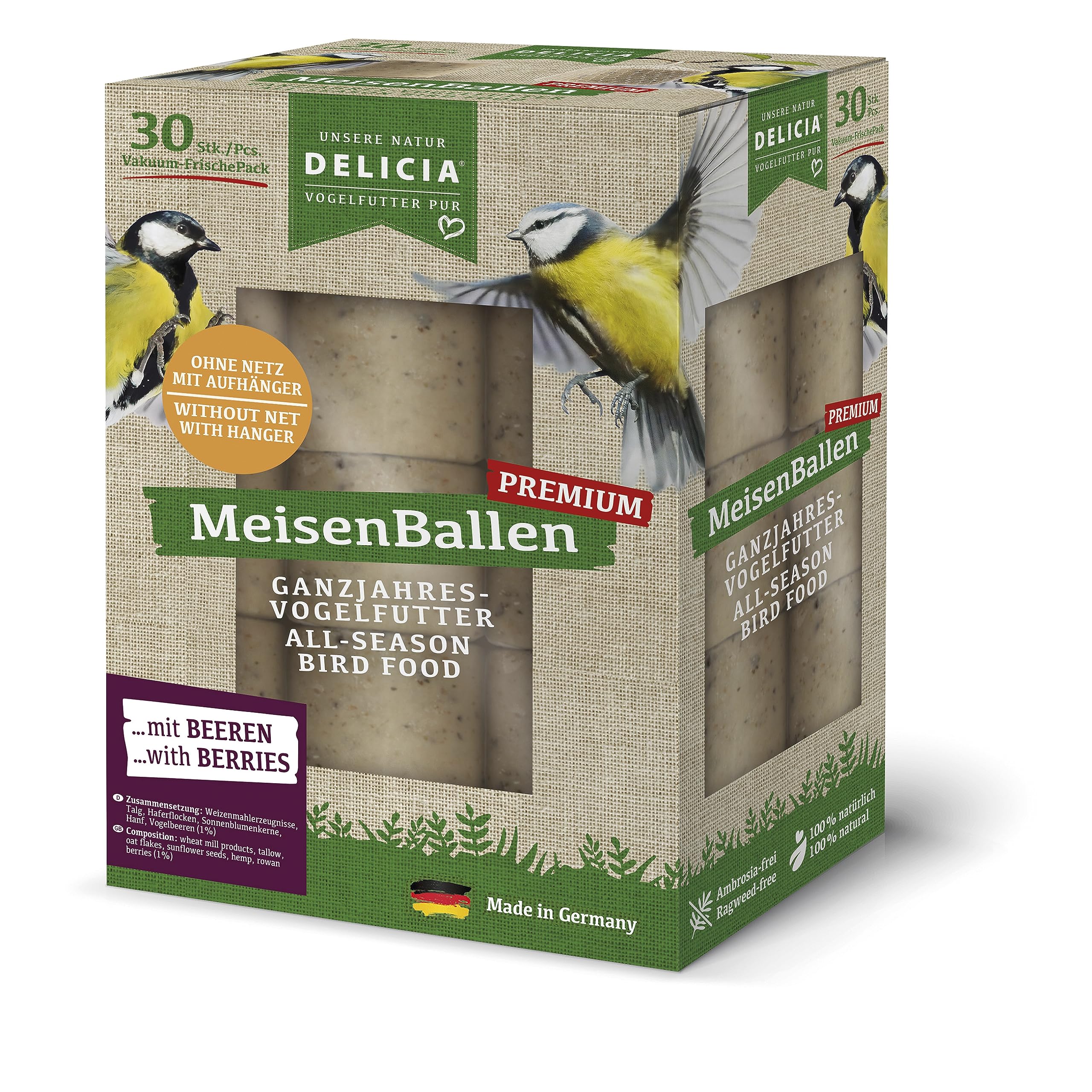 DELICIA® Premium MeisenBallen mit Beeren (30 St. ohne Netz) · Meisenknödel mit Aufhänger · Fettblock für Gartenvögel & Wildvögel · Vogelfutter Knödel · Körnerkugel zum Aufhängen