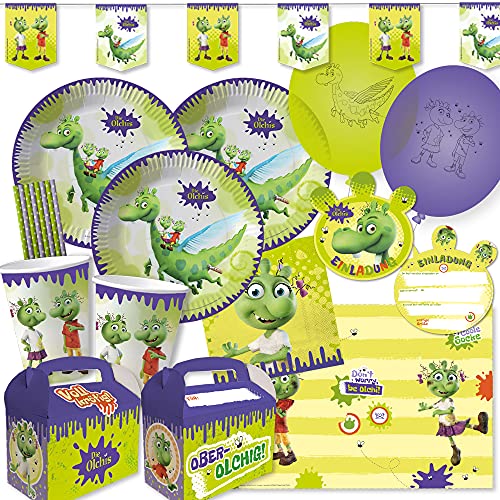 spielum 77-teiliges Party-Set - Die Olchis -Teller Becher Servietten Platzsets Wimpelkette Einladungen Luftballons Partyboxen Trinkhalme für 8 Kinder