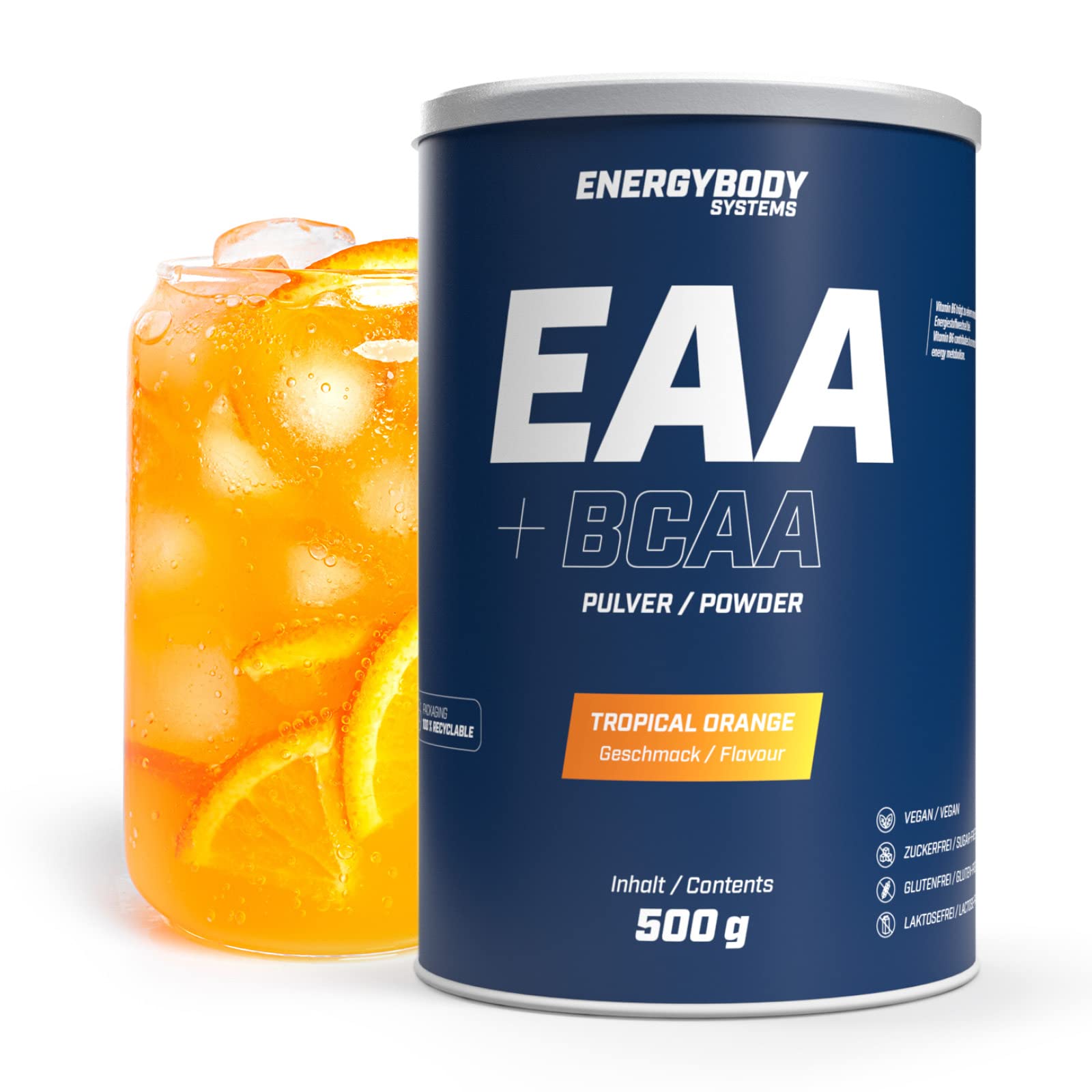 Energybody EAA Pulver mit BCAA 500g Tropical Orange/EAAs Pulver enthält alle 8 essentiellen EAA Aminosäuren/EAA vegan & zuckerfrei