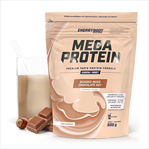 Energybody Mega Protein "Schoko-Nuss" 500 g / Mehrkomponenten Protein Pulver mit Casein Whey Mix als Eiweiss Protein Pulver / Eiweiß Shake ohne Aspartam/ Eiweißpulver / 20 Portionen