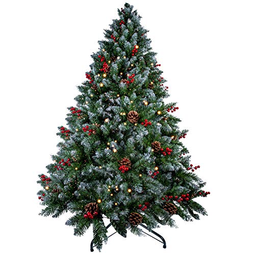 himaly Weihnachtsbaum künstlich 210 cm mit Schnee und 25m Lichterkette 500 LEDs, Material PVC/PE, 900 Spitzen Christbaum mit 61 Echten Tannenzapfen und 61 Roten Früchten für Innen und Außendekoration