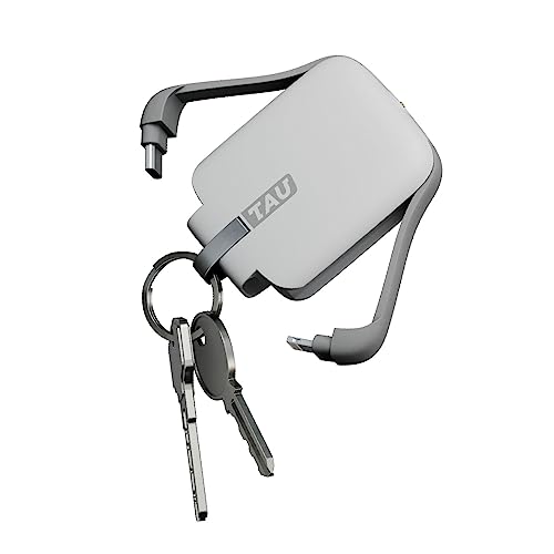 Rolling Square Tau Power Bank - Schlüsselanhänger mit Handy-Ladegerät, tragbares Ladegerät, Ladegerät als Schlüsselanhänger, kompatibel mit USB-C-, Micro-USB- und Lightning-Buchse, Weiß
