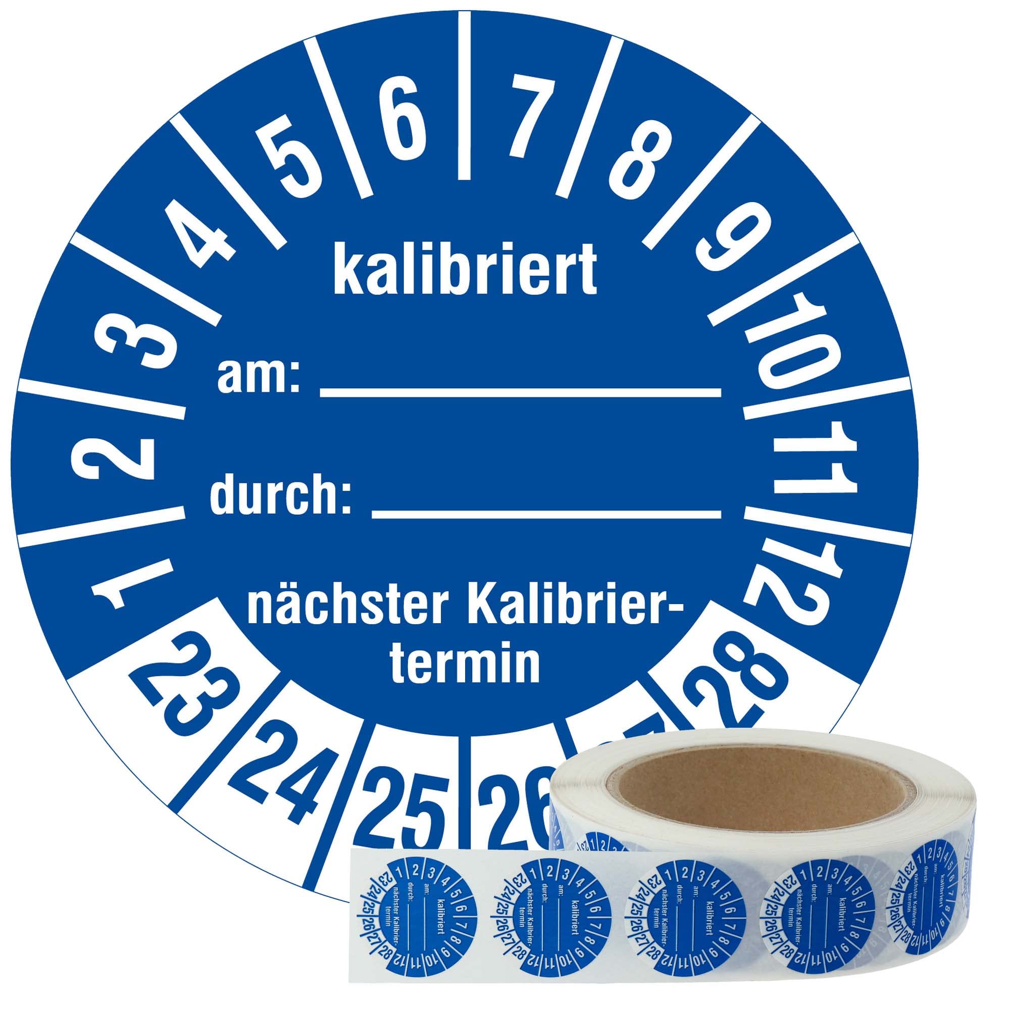 Labelident Prüfplaketten Kalibriert am, durch, nächster Kalibriertermin 2023-2028 - Ø 30 mm - 1.000 widerstandsfähige Mehrjahresprüfplaketten auf Rolle, Polyethylen, Prüfetiketten blau, selbstklebend