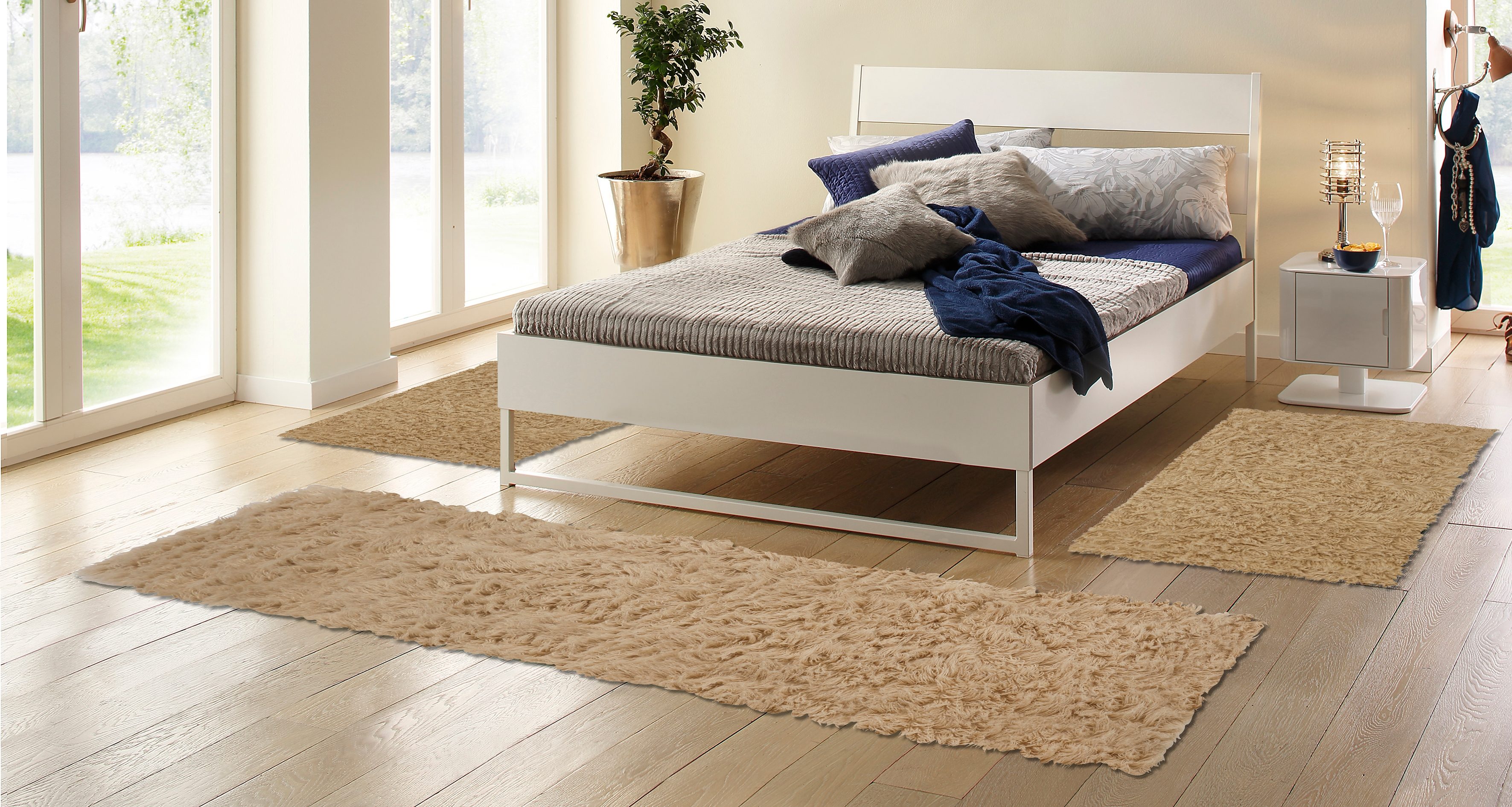 Böing Carpet Bettumrandung "Flokati 1500 g", (3 tlg.), Bettvorleger, Läufer-Set, Uni-Farben, reine Wolle, handgewebt