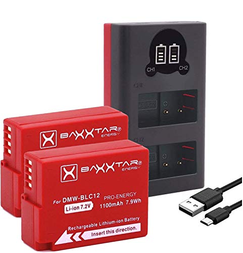 Baxxtar Pro (2X) Ersatz für Akku Panasonic DMW BLC12 E mit Mini 18622 LCD DUAL Ladegerät (Eingang USB-C und MicroUSB)