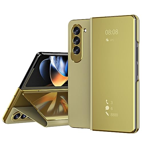 LXURY Klapp Hülle für Samsung Galaxy Z Fold 5, Magnetverschluss Spiegel Hülle Rundum Schutz Halterungs Design Handyhülle,Gold,Z Fold 5 7.6''