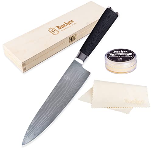 BACHER Kochmesser Damaststahl AUS-10V – Damaszener Chef Messer 20cm - Japanische Profi Damast Küchenmesser mit G10 griff – Damastmesser Chefmesser mit Geschenkbox Set