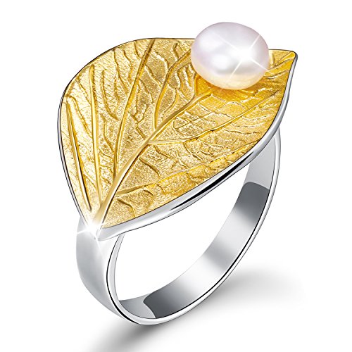 Springlight Damen Ring Blätter mit Süßwasserperle Offener Ring S925 Sterling Silber Handgemachte Ringe für Frauen und Mädchen.(Gold)