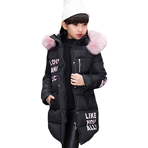 LPATTERN Kinder Mädchen Winterjacke Parka Mantel Baumwolle-gefüllte Steppjacke Outfit mit abnehmbar Fellkapuze- Buchstabe Motiv, Schwarz, 134-140(Label:140)