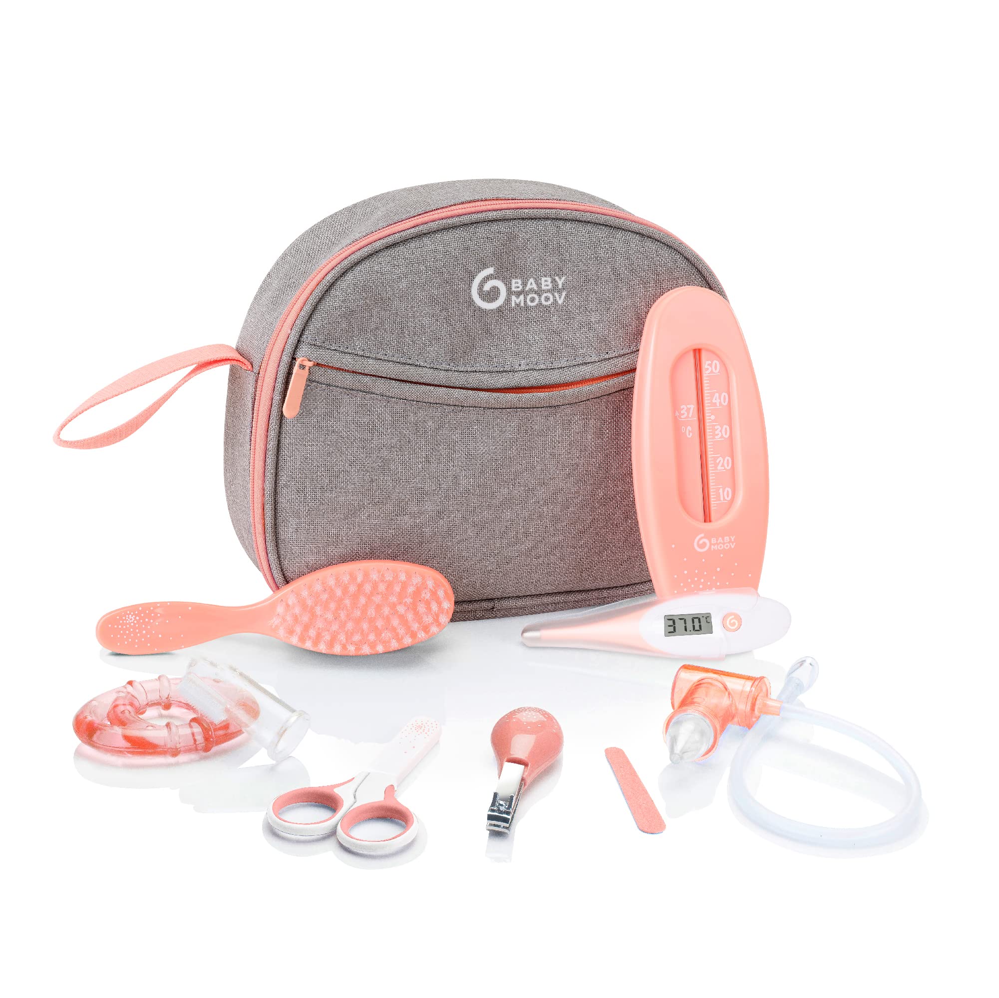 Babymoov Baby-Kulturtasche - Pflege-Set, für Babys, 9-teilig, mit digitalem Fieberthermometer, Nasensauger, apricot