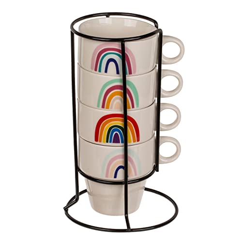 ReWu Kaffetassen Kaffebecher Henkelbecher Kaffemug Regenbogen mit Chromständer Stapelbar Mit Henkel 8 x 8,5 cm