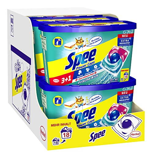 Spee Power Caps 3+1 Frische-Kick, 144 (8 x 18) Waschladungen, Vollwaschmittel für Reinheit, Strahlkraft & hygienische Frische zum schlauen Preis, Waschmittel mit Extra Frische-Effekt, 20–95 °C
