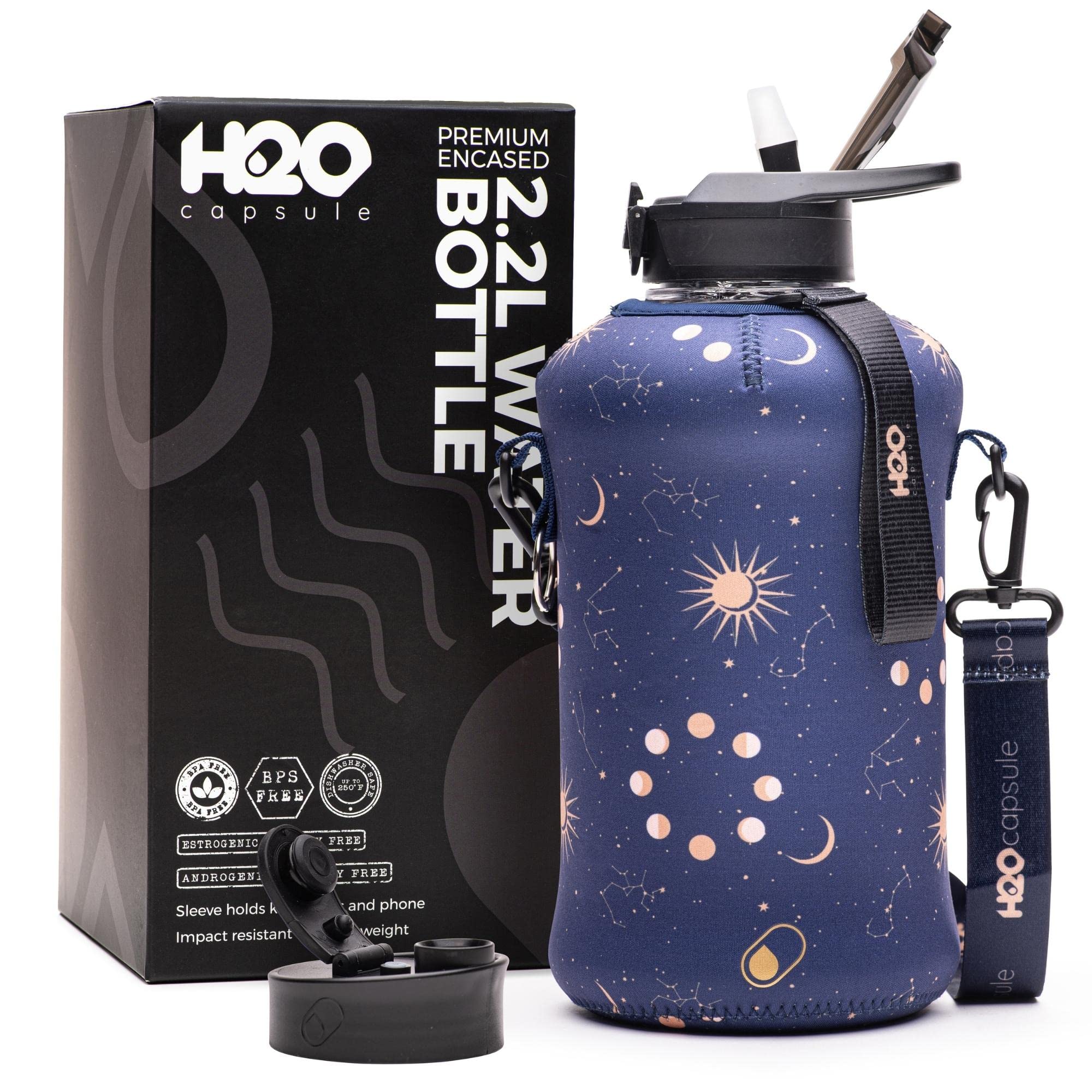 H2O Capsule 2,2 l Wasserflasche mit Aufbewahrungshülle und Strohhalm-Deckel – BPA-freie große Wasserflasche/2,2 Liter große Sportflasche mit Griff (Sternzeichen)