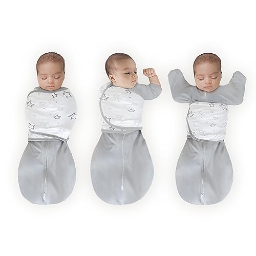 Amazing Baby Omni Swaddle Sack with Wrap & Arms Up Sleeves & Mitten Cuffs, Gray Stars, Small 0-3 Months
