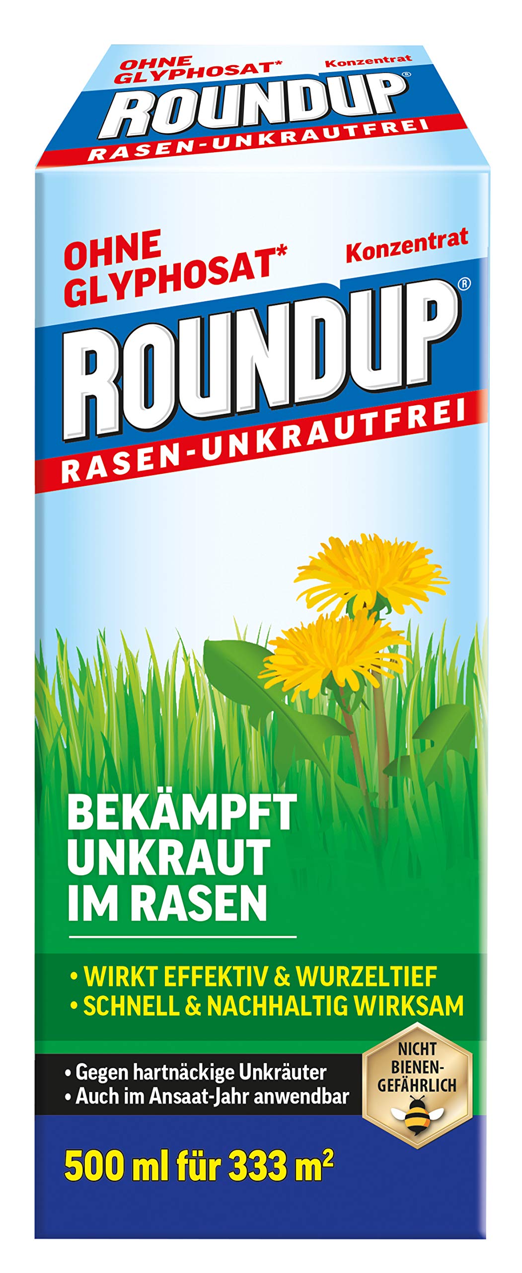 Roundup Rasen-Unkrautfrei Konzentrat, Unkrautvernichter zur Bekämpfung von Unkräutern im Rasen, 500ml für 333m²