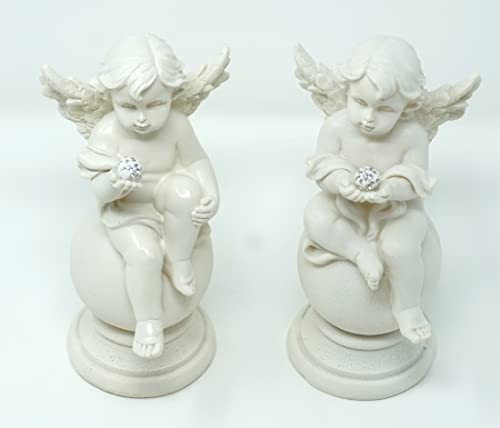 CBK-MS 2er Set weißer Engel Figur mit Kristalldeko auf Kugel sitzend Deko Weihnachten Tischdeko