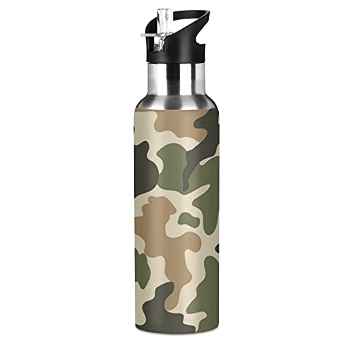 Wasserflasche mit Camouflage-Muster, BPA-frei, 600 ml, Edelstahl, Sport-Wasserflasche für Outdoor, Fitnessstudio, Wandern, Laufen