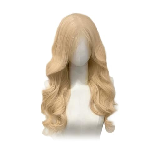 Bequem Damenperücke, langes Haar, natürlicher Mittelscheitel, langes lockiges Haar, Simulation eines Ganzkopf-Sets, Perücke, 55 cm, leuchtendes Gelb Atmungsaktiv