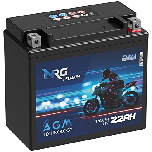 NRG Premium YTX20L-BS AGM Motorradbatterie 22Ah 12V 370A/EN Batterie 51821 CTX20L-BS GTX20L-BS auslaufsicher wartungsfrei ersetzt 20Ah