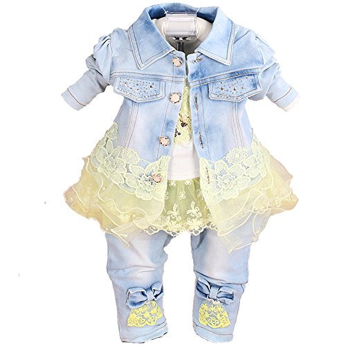YYA Baby Mädchen Denim Kleidungssets 3-teiliges Set (3-4J, Gelb)
