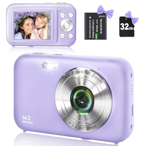 Digitalkamera Fotokamera Kompaktkamera mit 32GB SD-Karte, HD 1080P 44MP, Kamera fotokamera Fotoapparat, LCD Wiederaufladbare Digital Kamera mit 16X Digitalzoom digicam für Kinder, Erwachsene(Lila)