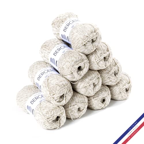 Bergère de France - LIN COTON, Wolle set zum stricken und häkeln (10 x 50 g) 30% französisches Leinen - 3 mm - Natürliches Garn für den Sommer - Beige (Ecru)