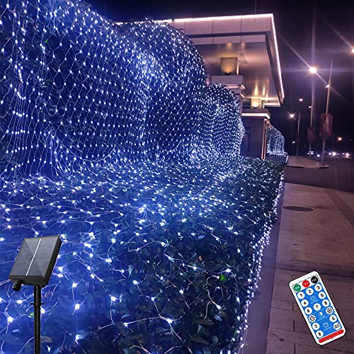 Hawofly Led Lichternetz Außen Solar Netz Lichterkette 3 x 2 m Wasserfest 200LEDs Solar Lichterkette mit Fernbedienung 8 Modis Warmweiß für Garten, Weihnachten, Hochzeit,Party (Blaues Licht)