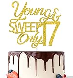 Young and Sweet Only 17 Cake Topper, Happy 17th Birthday Cake Topper, Hello 17 Cake Decoration, Cheers to 17 Years Birthday Anniversary Party Decorations Gold Glitter