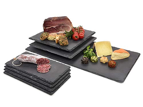 Sänger Schieferplatten Set 7 teiliges Platz-Set für 4 Personen aus Schiefer, Servierplatten und Untersetzer, rustikal, Alltag, besonderes Dinner, Grillen, Familienessen, Brunch Serviertablett Set