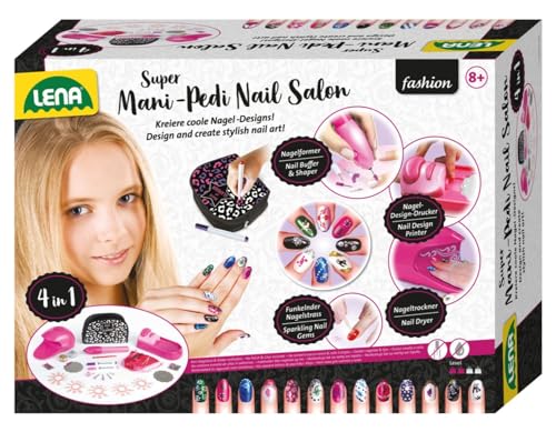 Lena 42654 Super Mani Pedi Nail Salon, 4 in 1 Nagelstudio für Kinderhände, Komplettset zum Verschönern von Fingernägel, Fingernagelsalon für Mädchen ab 8 Jahre, Nagelpflege