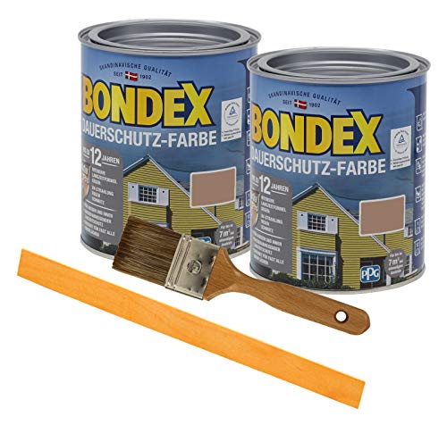 Bondex Dauerschutzfarbe deckend 2 x 0,75l Wetterschutzfarbe Holzschutzfarbe Holzfarbe bis zu 12 Jahre wetterbeständig für Holz und Zink Außen inkl. Pinsel und Rührstab (sonnenlicht (sahara))