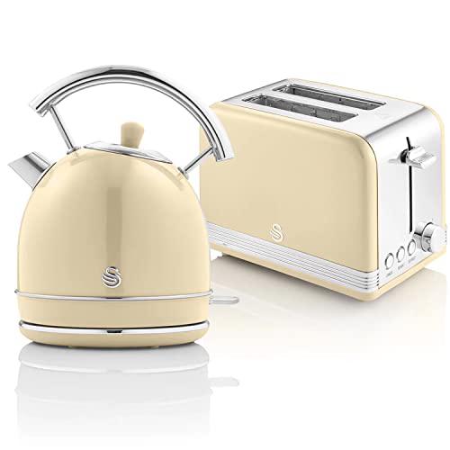 Swan Retro Frühstücks-Set, kabellos, 1,8 l, mit Edelstahl-Widerstand, Brot-Toaster, 2 Scheiben, Regler 6 Toaststufen, Vintage-Design, Creme