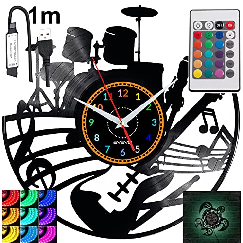 EVEVO Gitarren-Schlagzeug RGB LED Pilot Wanduhr für Fernbedienung Schallplatte Modern Dekorativ für Geburtstagsgeschenk Tolles Geschenk Uhr