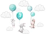 Szeridan Kaninchen Hase Ballons Wolken Wandtattoo Babyzimmer Wandsticker Wandaufkleber Aufkleber Deko für Kinderzimmer Baby Kinder Kinderzimmer Mädchen Junge Dekoration (100 x 150 cm, Türkis)