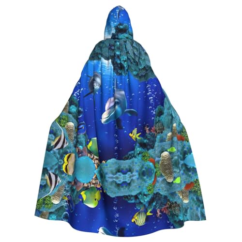 Bxzpzplj Halloween-Umhang mit Kapuze für Erwachsene, 3D-Unterwasserwelt, Fisch-Delphi-Druck, Cosplay-Kostüm, volle Länge (185 cm)