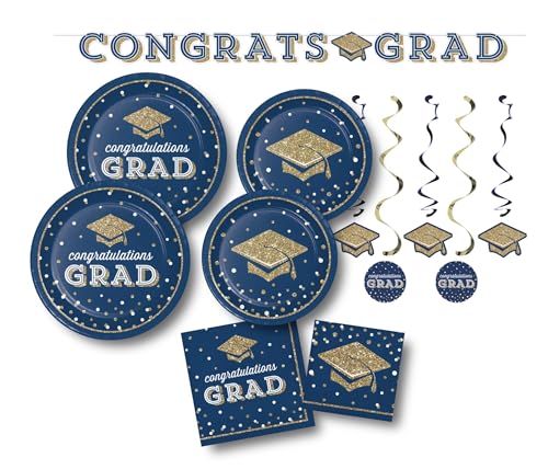 Creative Converting Navy und Gold Congratulations Grade 2024 Graduation Party Supplies Pappteller Servietten Hängende Dekor Banner 70 Stück