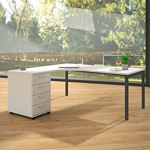 Weber Büro Winkelschreibtisch mit Standcontainer NOVA XL 180x163cm Weiß Eck-Schreibtisch, Gestellfarbe:Anthrazit