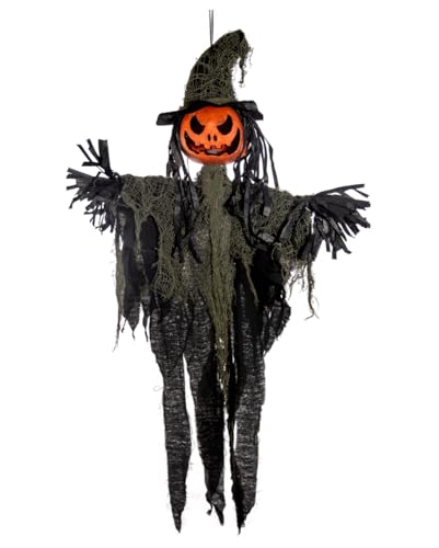 Horror-Shop Kürbiskopf Vogelscheuche mit LED Beleuchtung 90 cm als Halloween Deko, Orange,gray,black