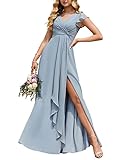 Hochzeit Trauzeugin Kleider Elegant Lange Empire Taille Plissee Flowy Rüschen Abendkleider mit Schlitz, dusty blue, 44