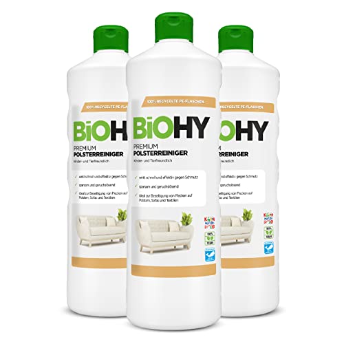 BiOHY Premium Polsterreiniger (3 x 1 Liter) | Bio Konzentrat für Polstermöbel, Sofas, Teppiche & Textilien | für Nasssauger & andere Geräte geeignet| geruchslösender Fleckentferner