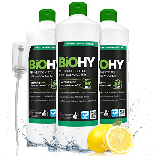 BiOHY Reinigungsmittel für Saugwischer (3x1l Flasche) + Dosierer | 1:100 Konzentrat für alle Nass-Trockensauger | ideal für Fliesen, PVC, Parkett, Laminat & Teppich | nachhaltig & ökologisch
