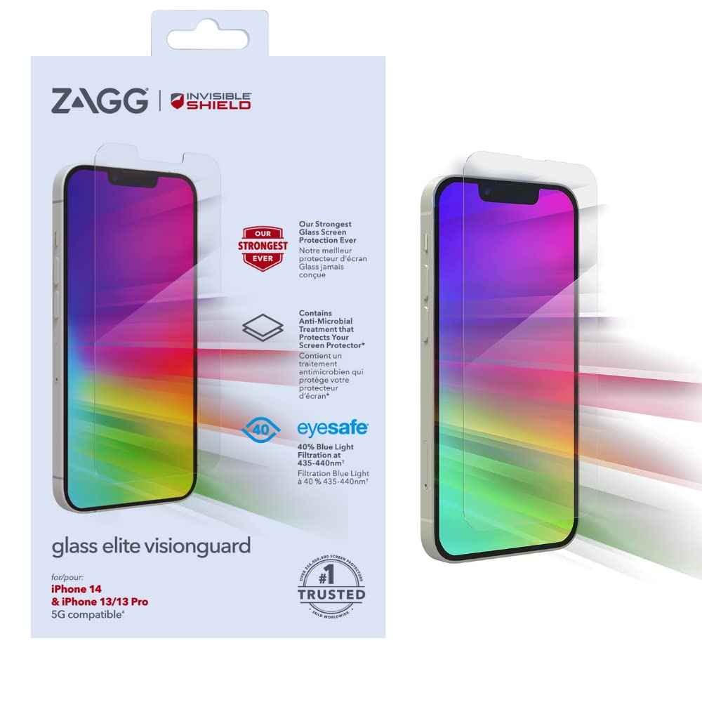 ZAGG InvisibleShield Glass Elite VisionGuard - Blaulichtfilter und antimikrobielle Behandlung schützen den Displayschutz - für iPhone 13 and iPhone Pro - Abdeckung: Standard-Bildschirm