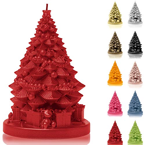 Candellana Kerze Weihnachtsbaum mit Geschenken | Höhe: 16 cm | Rot | Brennzeit 35h | Weihnachten | Handgefertigt in der EU